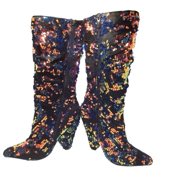 Bamboo Immerse Womens Sequin Velvet Boots Size 7.5 Multicolor Slouchy Block Heel - Picture 6 of 12